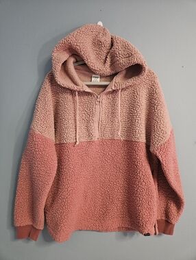 VS PINK Teddy Fleece Pullover Hoodie Medium M Pink Colorblock Quarter Zip Coat
